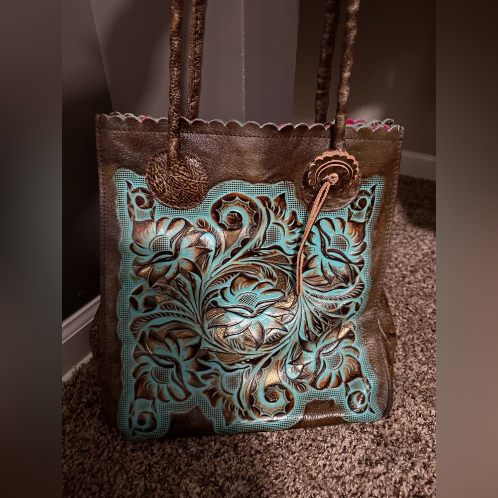 Patricia Nash NEW Brown and Turquoise Embossed Leather Tote